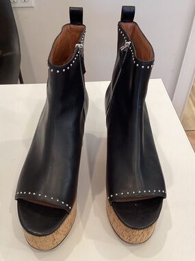 Givenchy Black Leather Peep-Toe Platform Ankle Boots with Studs